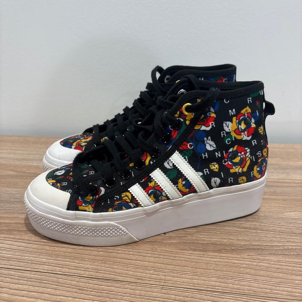 Adidas Nizza Platform High Top Sneakers Womens Black Multicolor Size 7 Floral